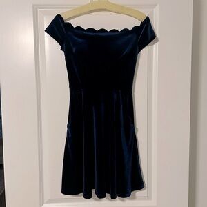 B Darlin Velvet Navy Blue Off-Shoulder Semi-Formal Dress